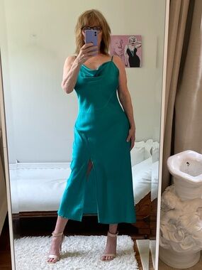 PAPER HEART TEAL PEACOCK GREEN SLIP DRESS MIDI SIDE SLIT STRAPS COWL NECK